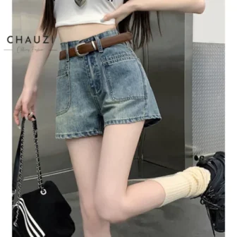 Quần Short Denim Chauzi Lưng Cao Phối Túi Trước Cho Nữ